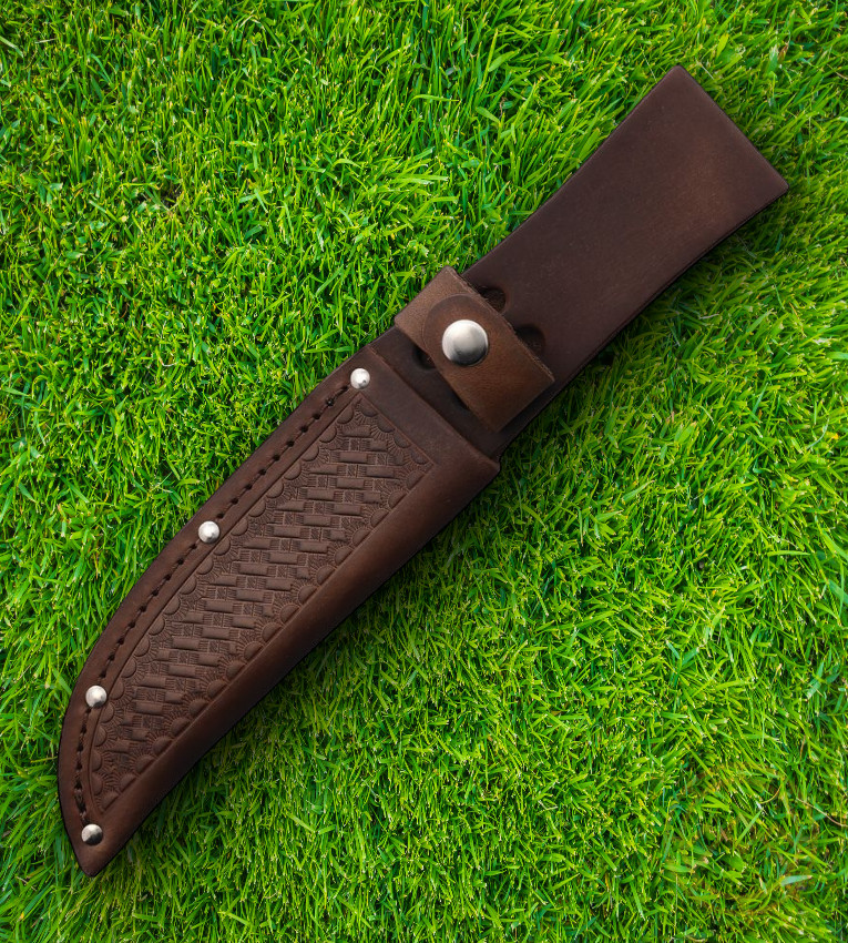 Natural Dark Brown Basketweave Leather Sheath For Knife Blade Of Up To 5.25″
