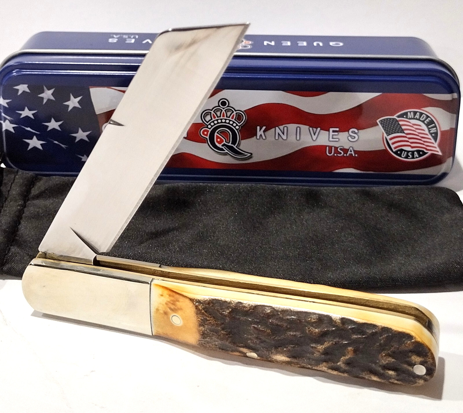Queen USA 4″ Brown Burnt Stag Bone Barlow Slipjoint Folding Pocket Knife QGSH180