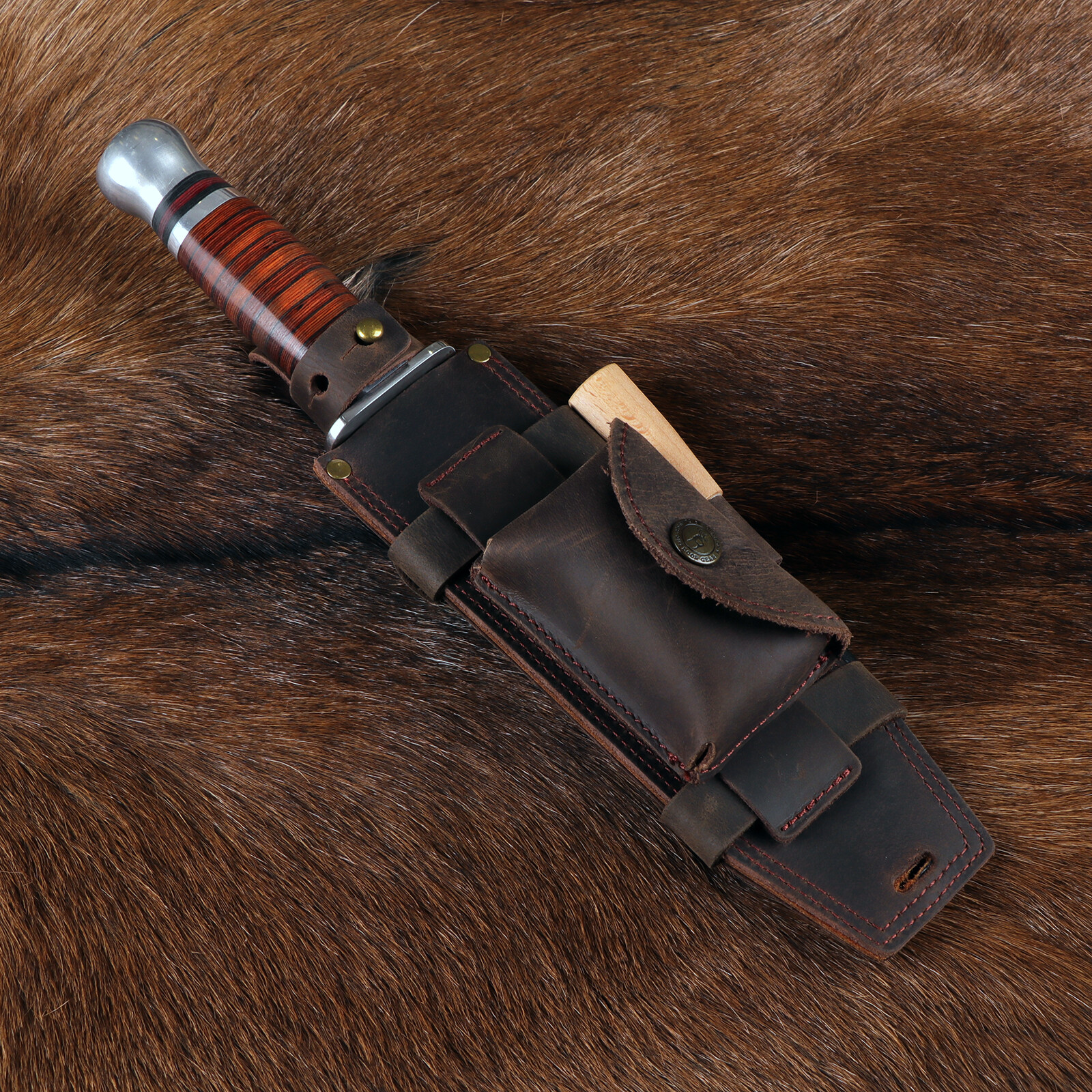 TOURBON Survival Leather Tracker Knife Sheath Horizontal Belt Holster with Pouch