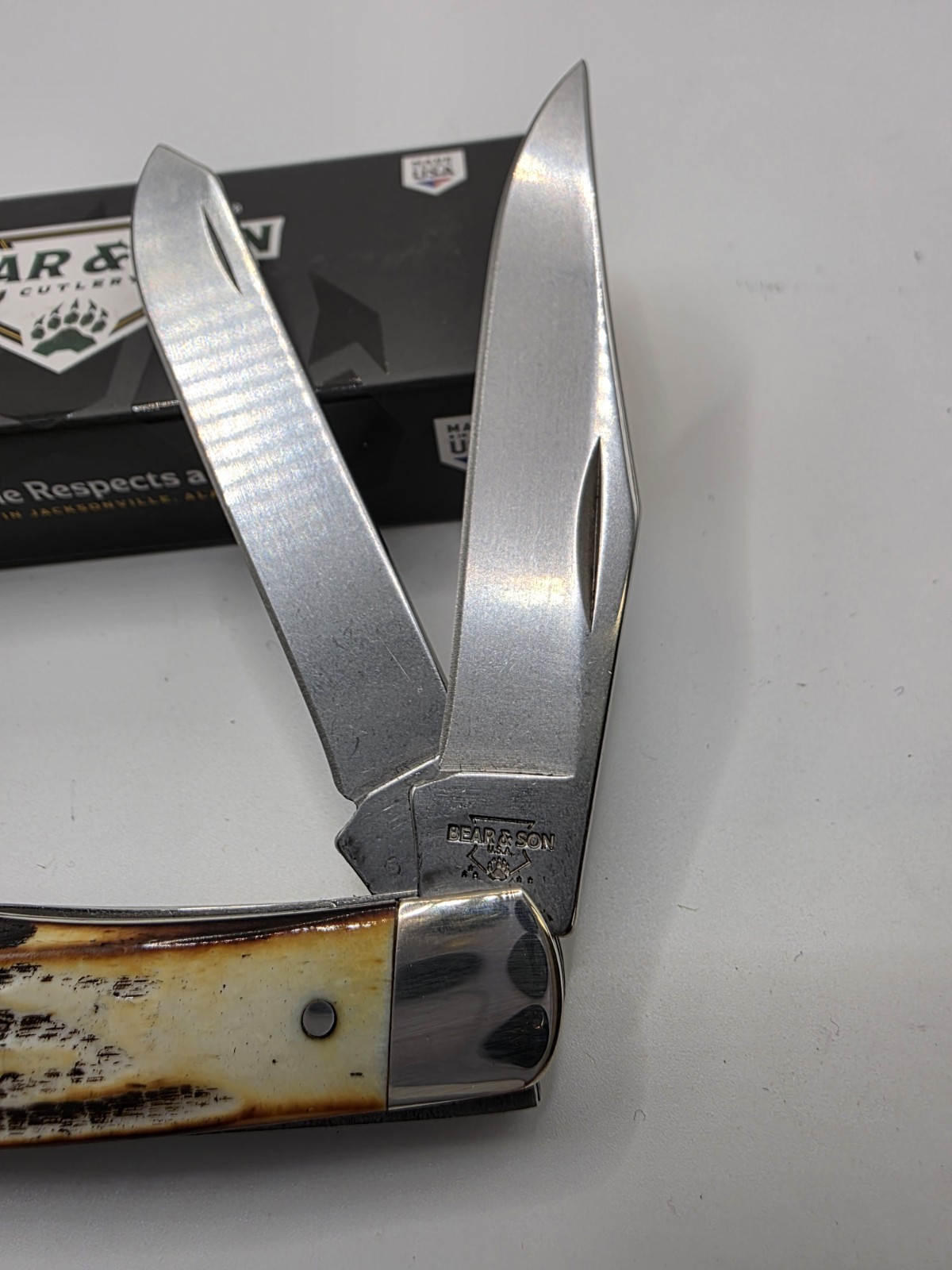 Bear & Son Trapper, India Stag Bone, CS, 4.13 Closed, USA Made