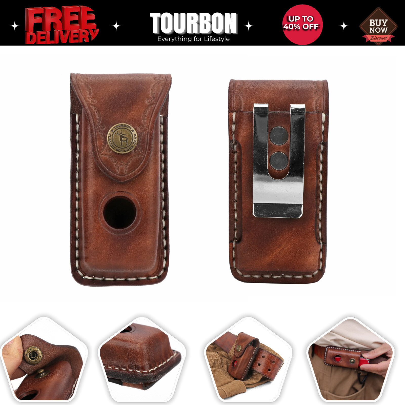 TOURBON Leather Folding Knife Sheath Pocket Knives Case Belt Clip on Pouch