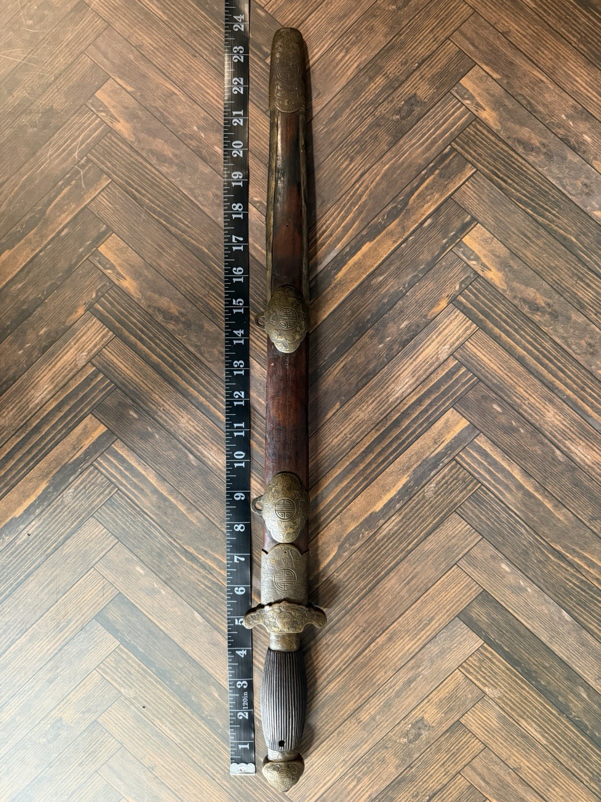 Antique Chinese Qing Era Jian Short Sword Fushou Brass Mounts 23.5in