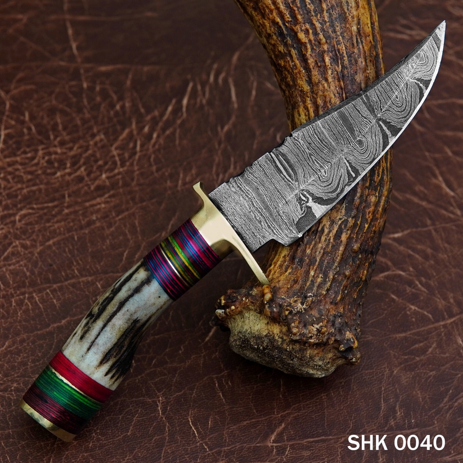 8″ CUSTOM HANDMADE DAMASCUS HUNTING SKINNING KNIFE DEER STAG Handle Brass Guard