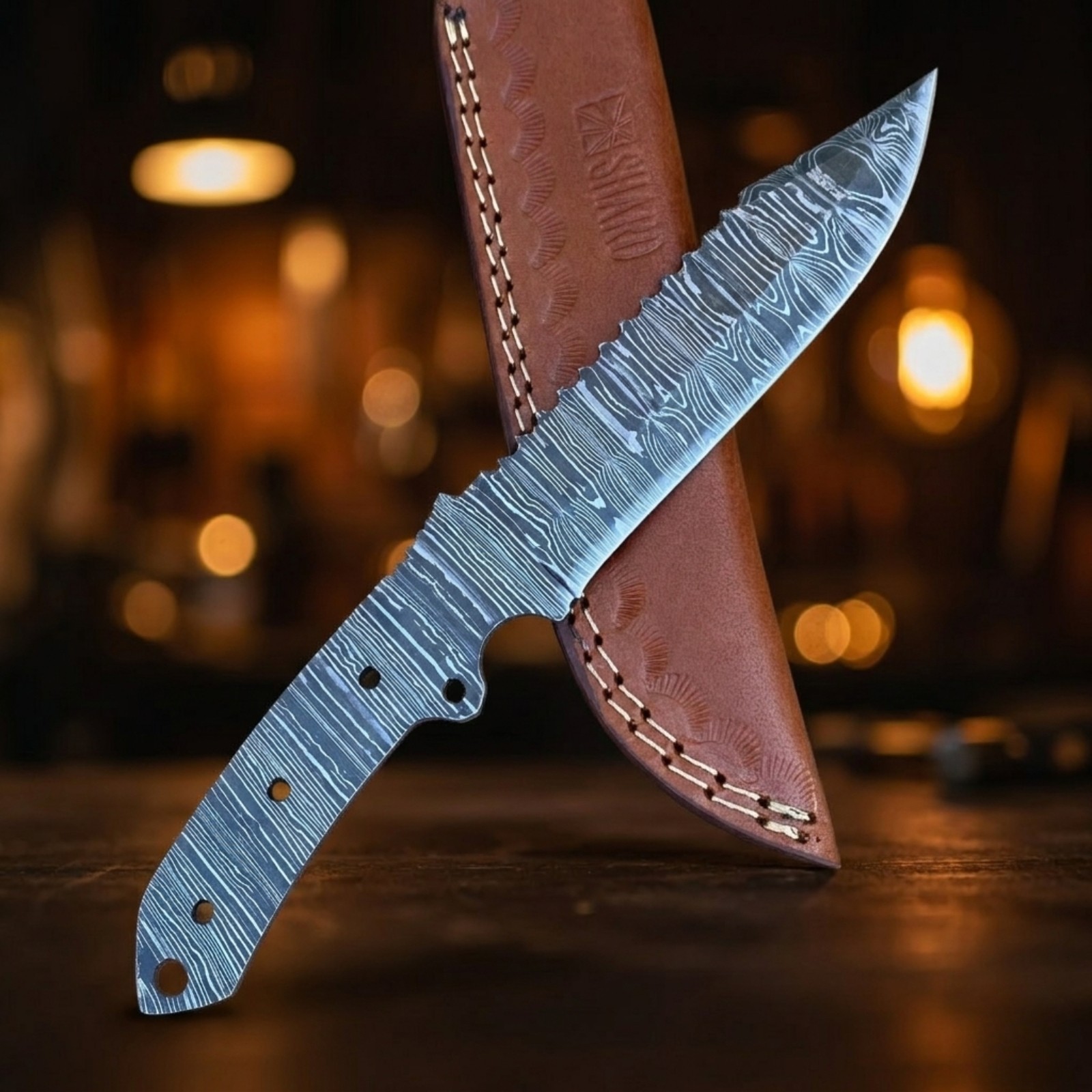 Hand Forged Damascus Blade Blank Tracker Hunting Knife DIY Full Tang with Sheath