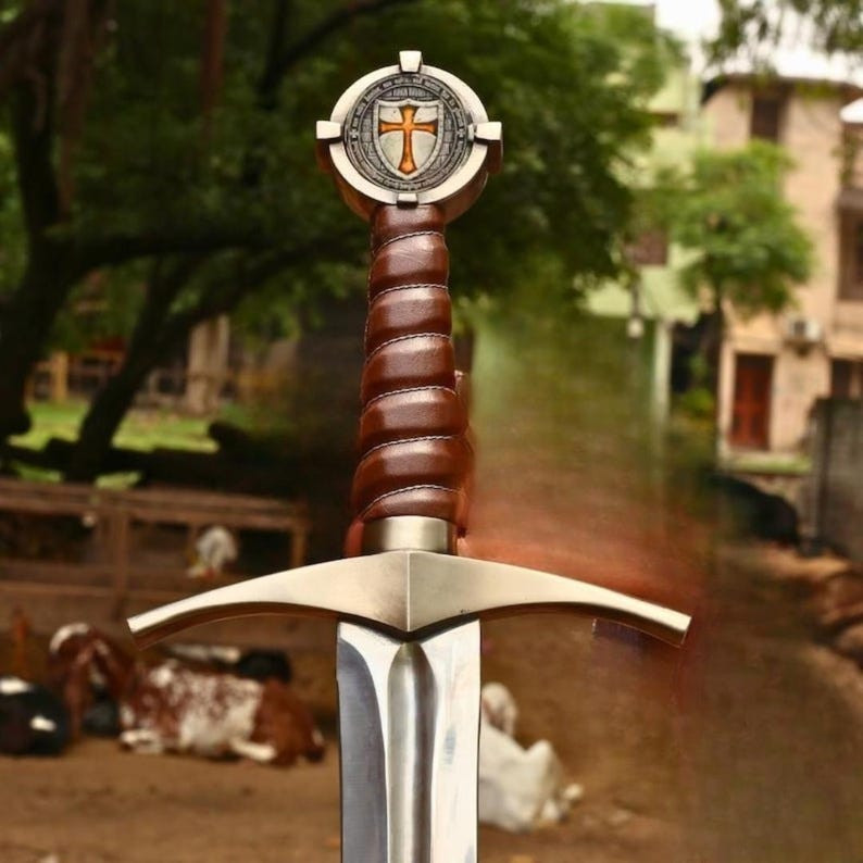 Hand Forged Templar Knights Battle Ready Sword, Steel, Brass Guard & Pommel scab