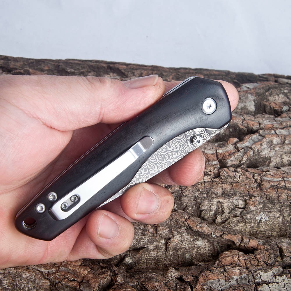 Folding Knife, Damascus Steel Blade, Wooden Handle, Camping Outdoor Pocket Knife
