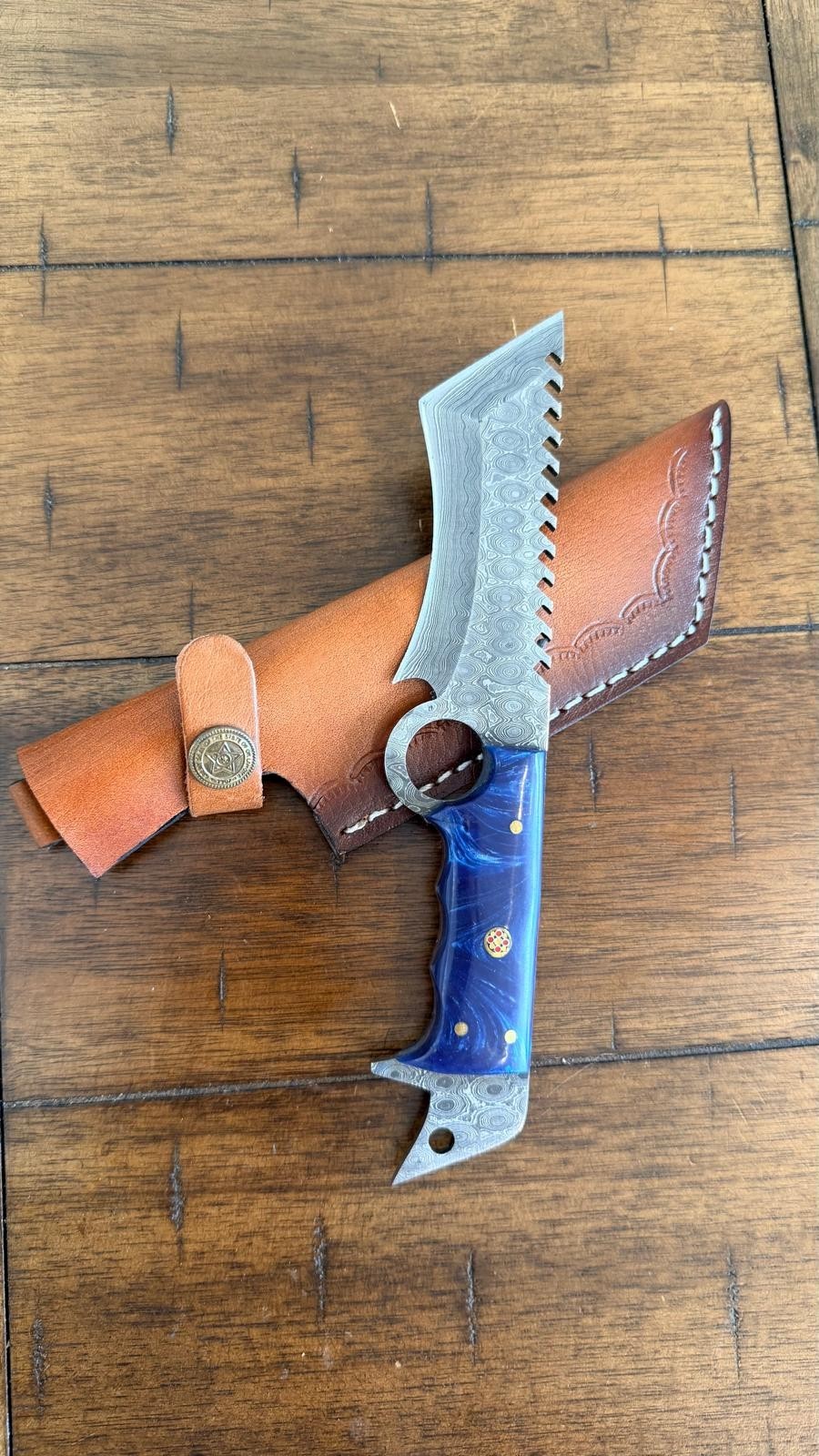 8″ HANDMADE CUSTOM DAMASCUS RESIN HANDLE TANTO KNIFE W/ MOSAIC PIN & SHEATH
