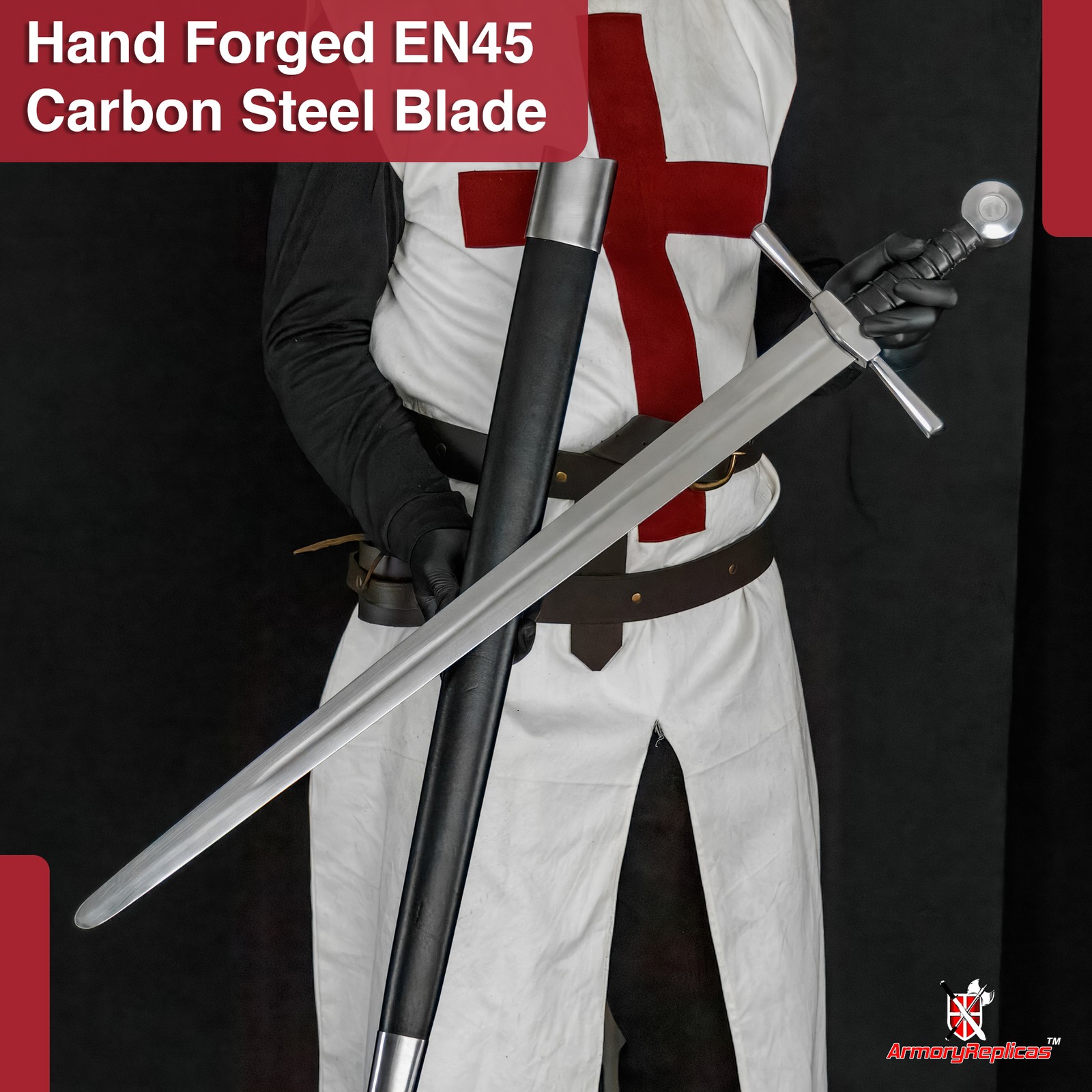 Hand Forged Arming Sword 36.75″ Full Tang EN45 Carbon Steel Reenactment Scabbard