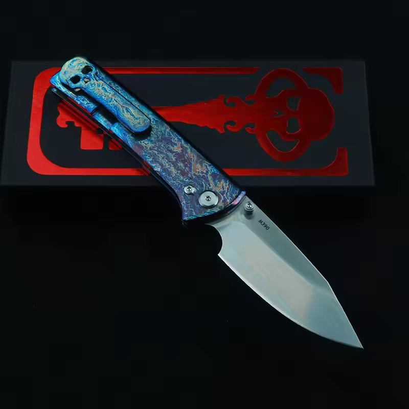 New TC4 Titanium Custom Anodized Blue Flame Pattern Handle Folding Pocket Knife