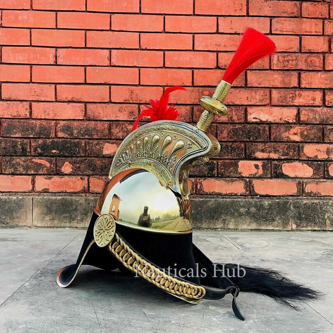 Pickelhaube Napoleon Helmet With Long Black Golden,Black Brass French Cuirassi