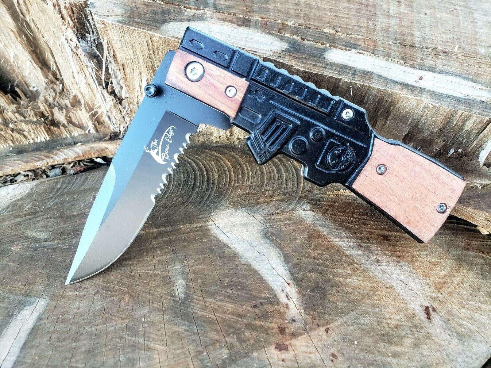 Machine Gun Serrated Pocket Knife Thumb Stud Legal EDC Navy Marines US Seller👀