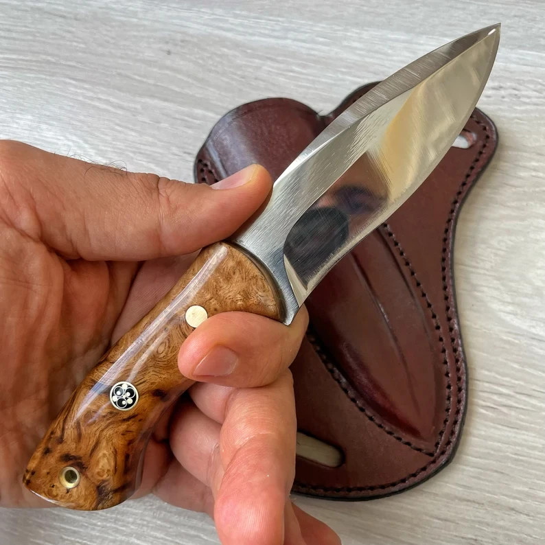 Hunting Knife 1075 Carbon Steel & Rosewood Handle Made Camping Knife with Leathe