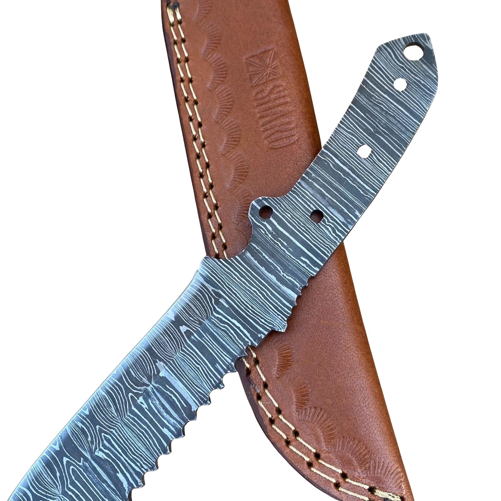 10″ Damascus Fixed Blade Blank Full Tang Bushcraft Tool with Leather Sheath
