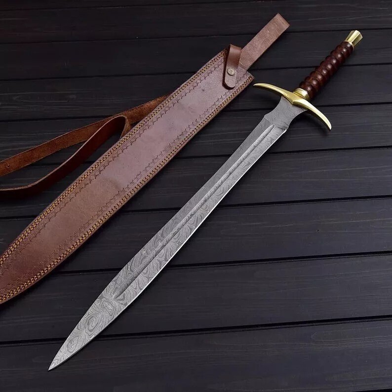 Custom Hand Made Damascus Steel Double Edge Sword With Leather Sheath Overall 32