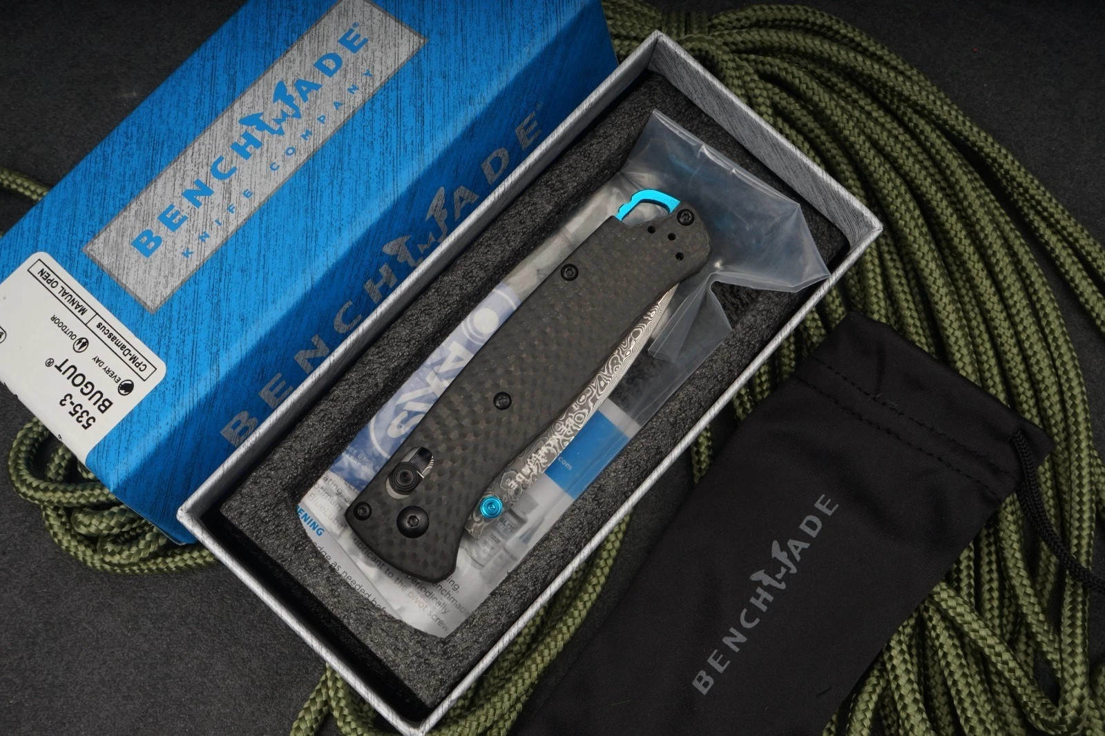 Benchmade 535 Bugout Damascus Folding Knife Carbon Fiber Handle Premium Axis EDC