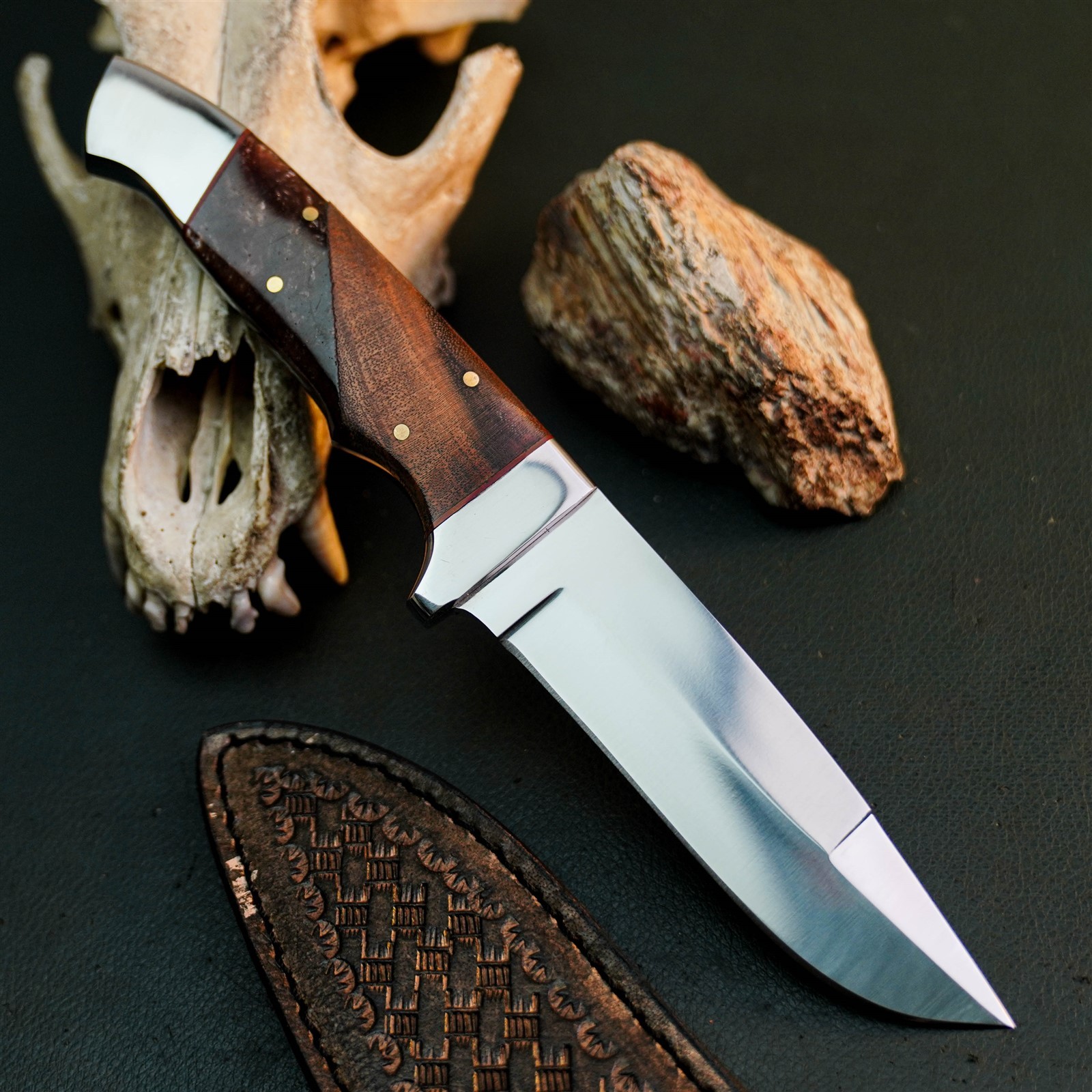 8.8″ Hunting EDC Stainless Knife Handmade Full Tang Wood Handle + Sheath