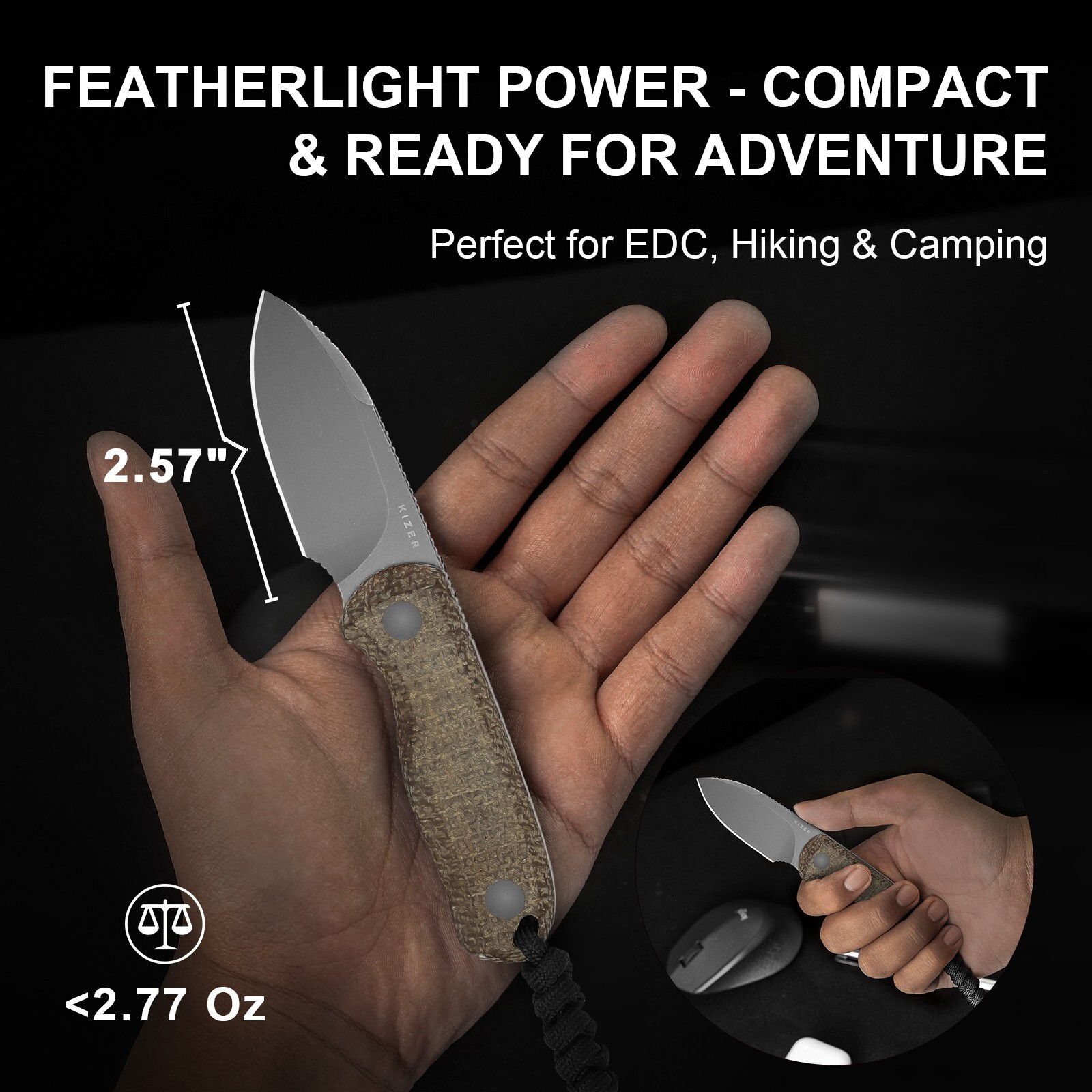Kizer Drop Bear Clip Point Fixed Knife 14C28N Blade Micarta Handle With Sheath