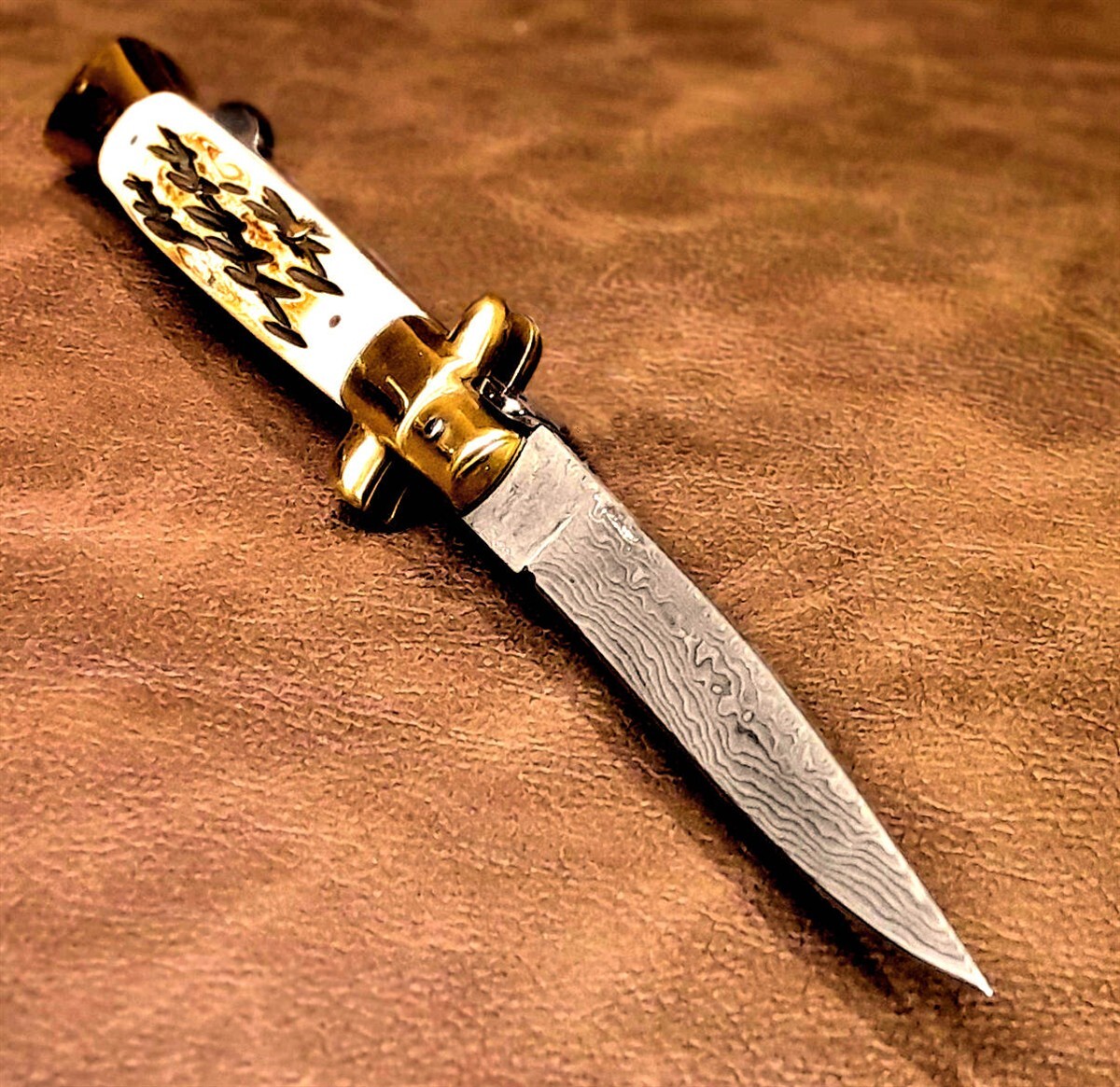 Kissing Crane Burnt Bone Real Damascus Stiletto Manual Folding Pocket Knife