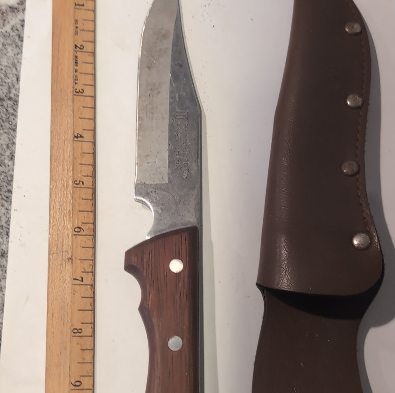 Stainless Steel Clip Point Hunting Knife, Wood Handle, Over 5in Blade, Sheath