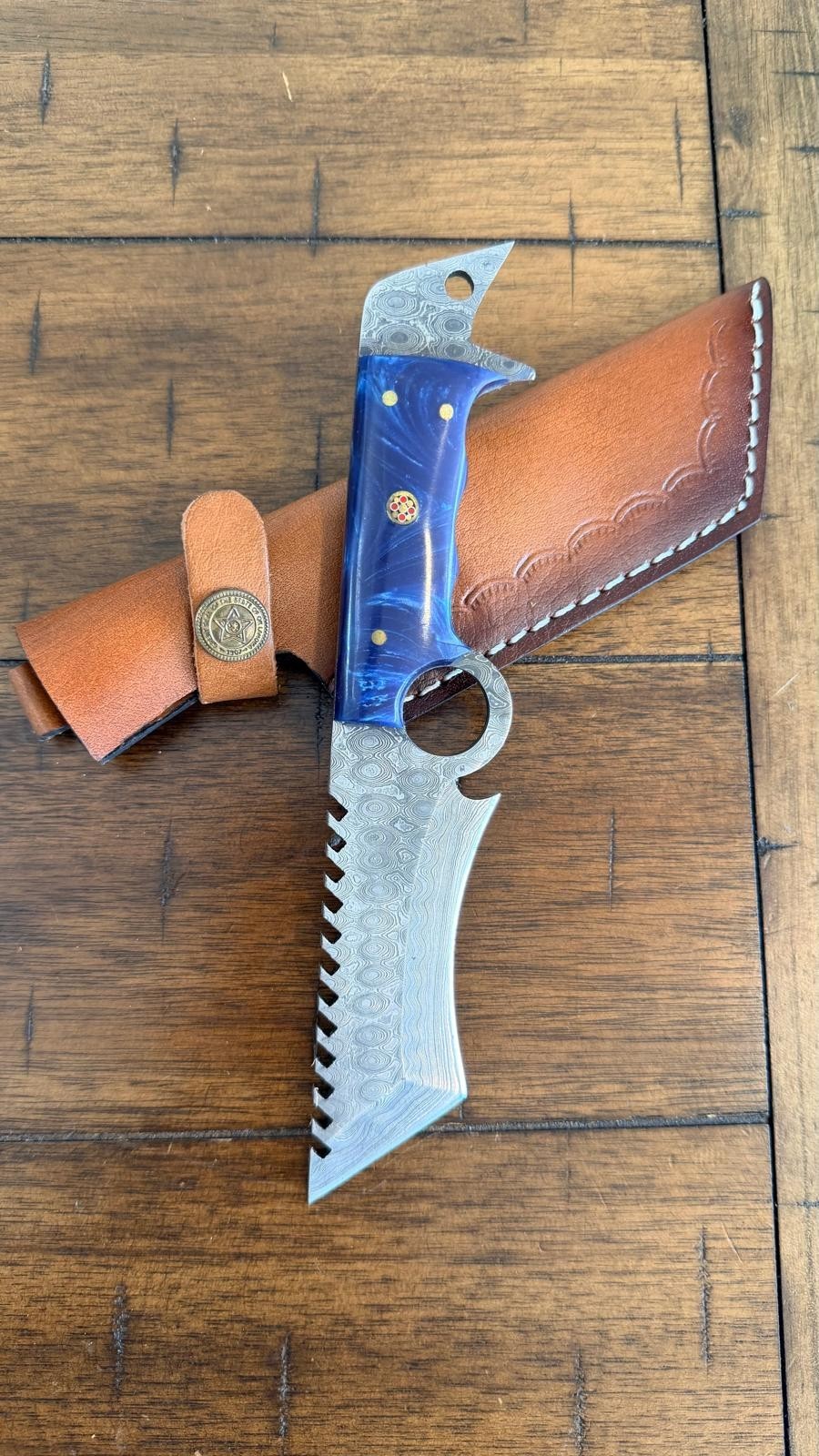 8″ HANDMADE CUSTOM DAMASCUS RESIN HANDLE TANTO KNIFE W/ MOSAIC PIN & SHEATH