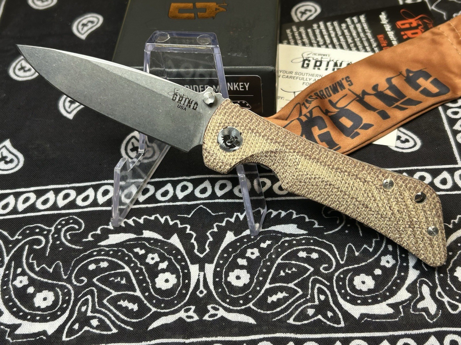 🔥New Southern Grind Spider Monkey Natural Micarta And Titanium Liners S35VN #2