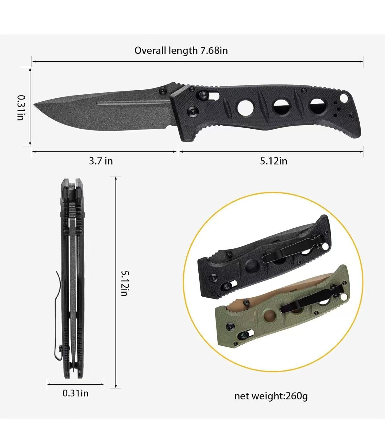 275 Folding Knife with Clip, Foldable Knife with G10 Handle Portable Pocket Kniv