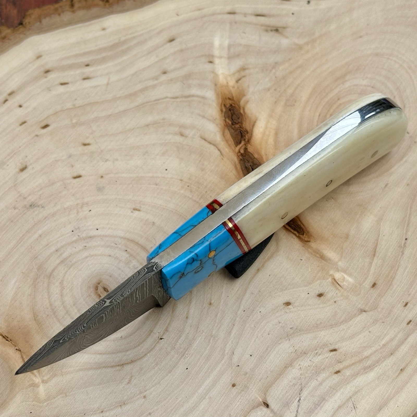 5.5” Fixed Blade Knife Leather Sheath Chode Turquoise Damascus
