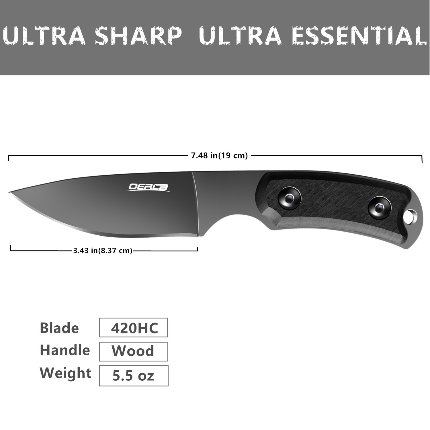 Oerla TAC OLF-1011 Fixed Blade Outdoor Survival Tactical Knife with Kydex Sheath