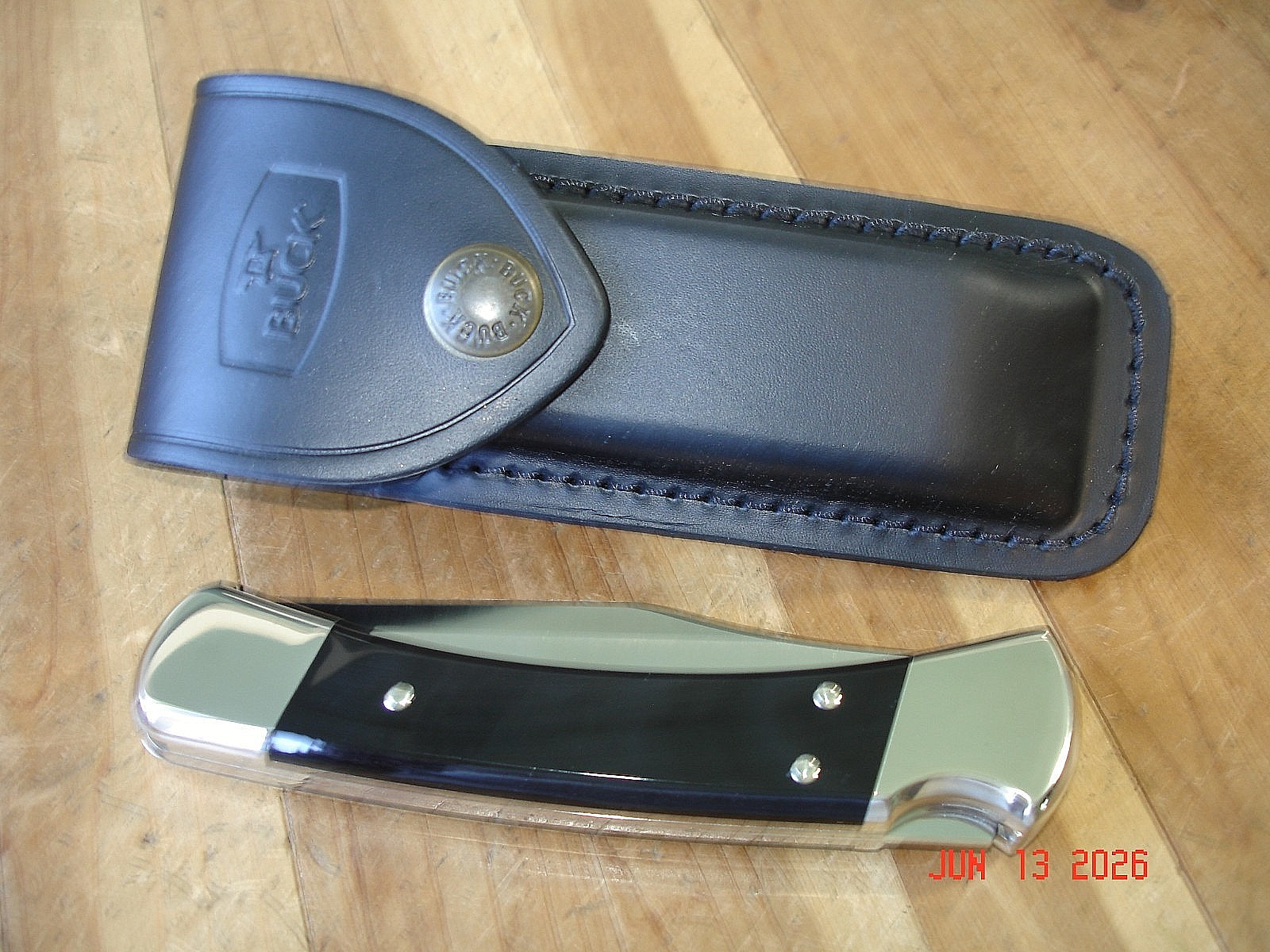NIB BUCK KNIFE 110 HUNTER BOS MAGNACUT BLADE BLACK BUFFALO HANDLE NICKEL SILVER