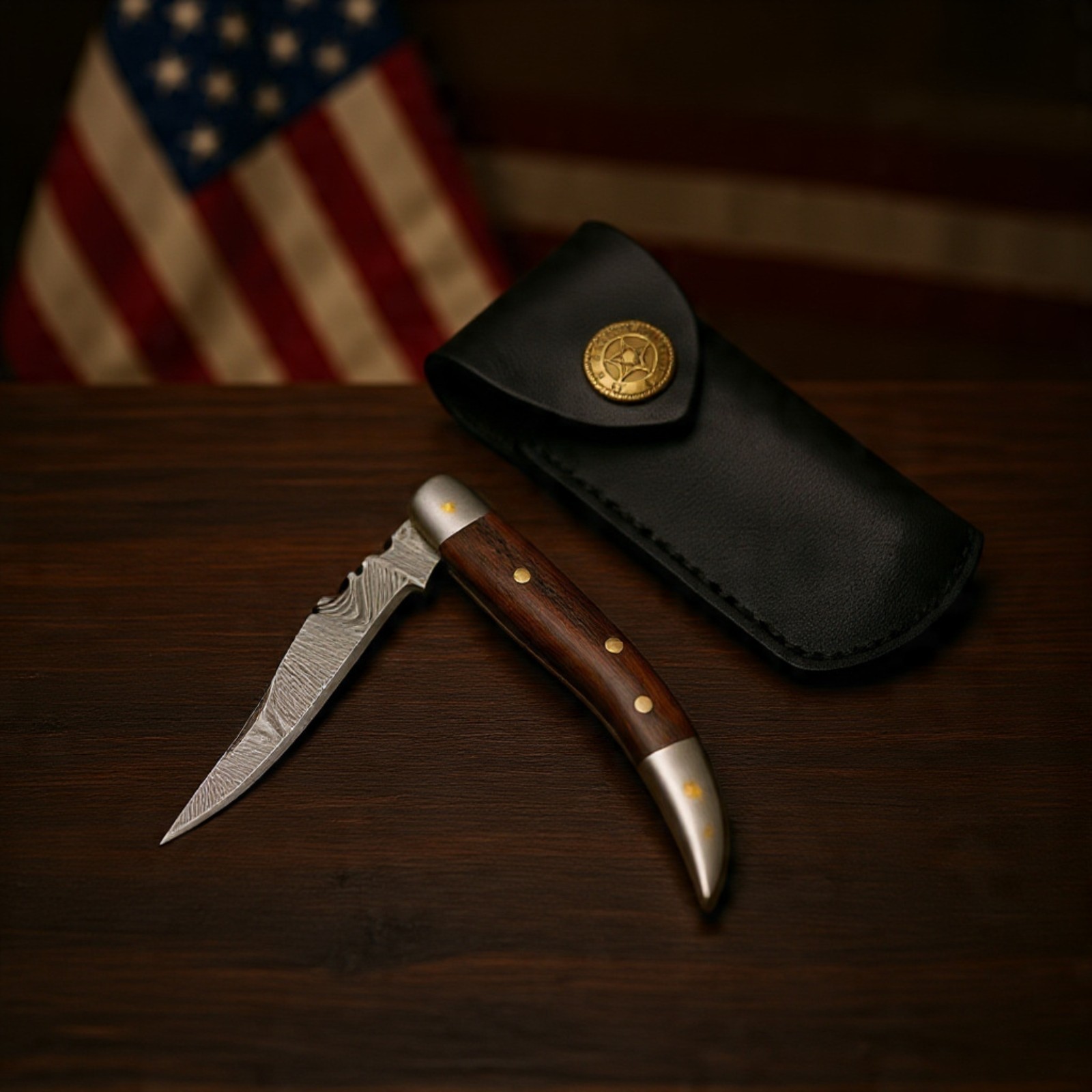Damascus Steel EDC Folding Knife Wood Handle Toothpick Pocket Knife with Sheath