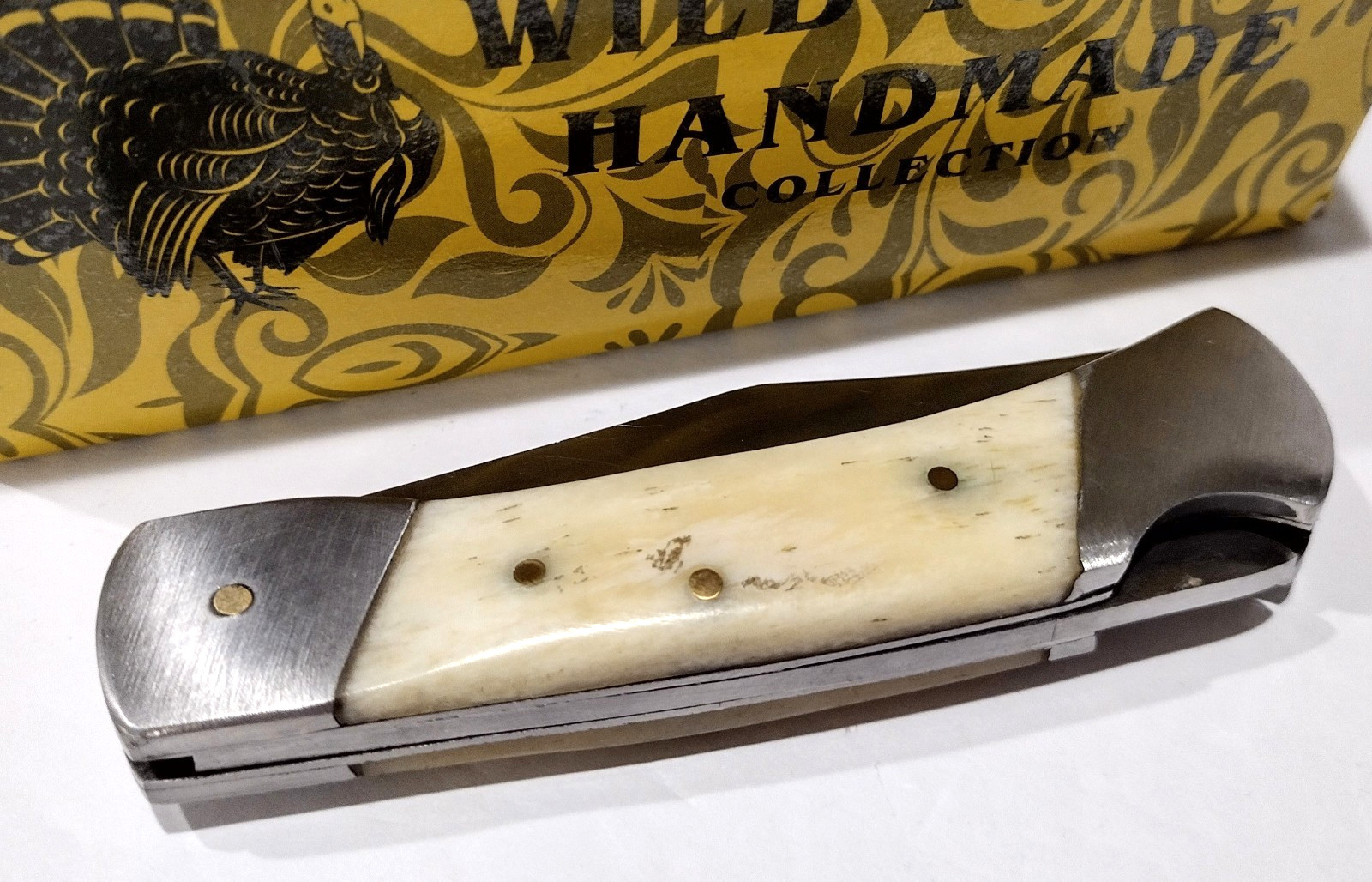 Wild Turkey White Bone Clip Point Blade Lockback Hunting Pocket Knife + Sheath