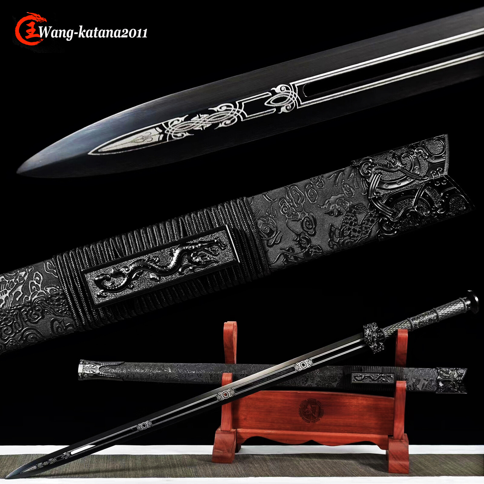 43»Black Dragon Chinese Han Dynasty Jian 1095 Steel Double Edge Straight Sword
