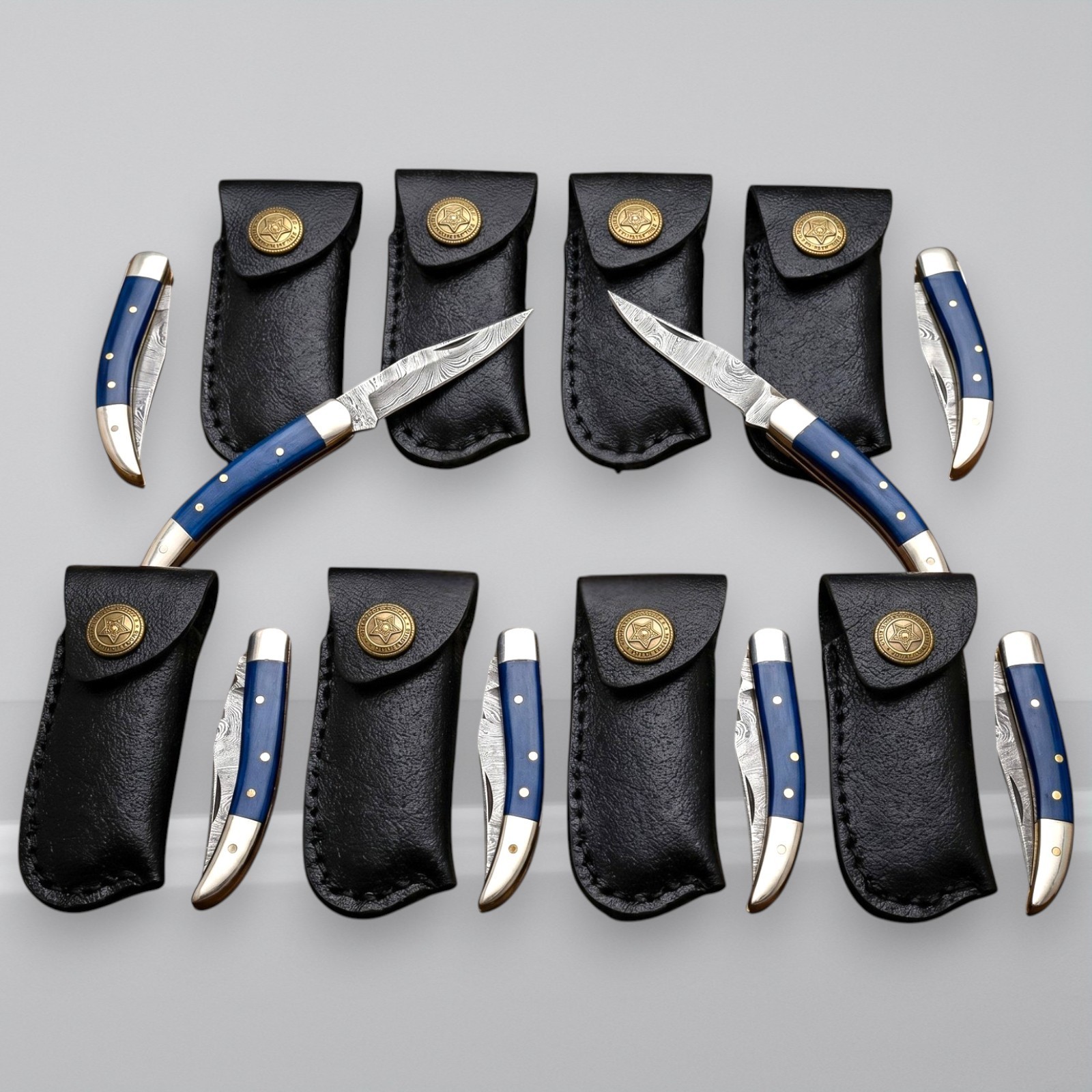 Damascus Pocket Knife Lot of 8 Blue Bone Handle Folding Knives w/Leather Sheath