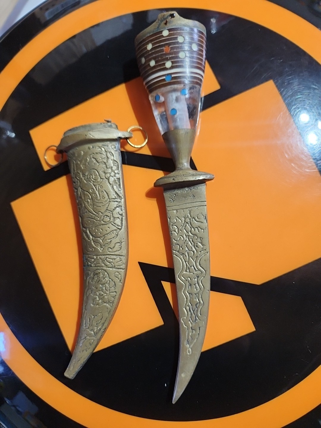Damascene Vintage Dagger Wood And Brass Authentic