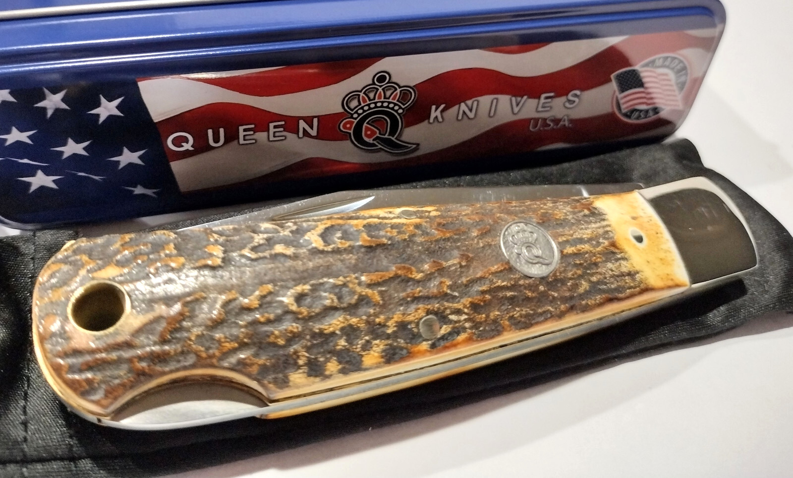 Queen USA Brown Burnt Stag Horn Handles Lockback Folding Pocket Knife QGSH106