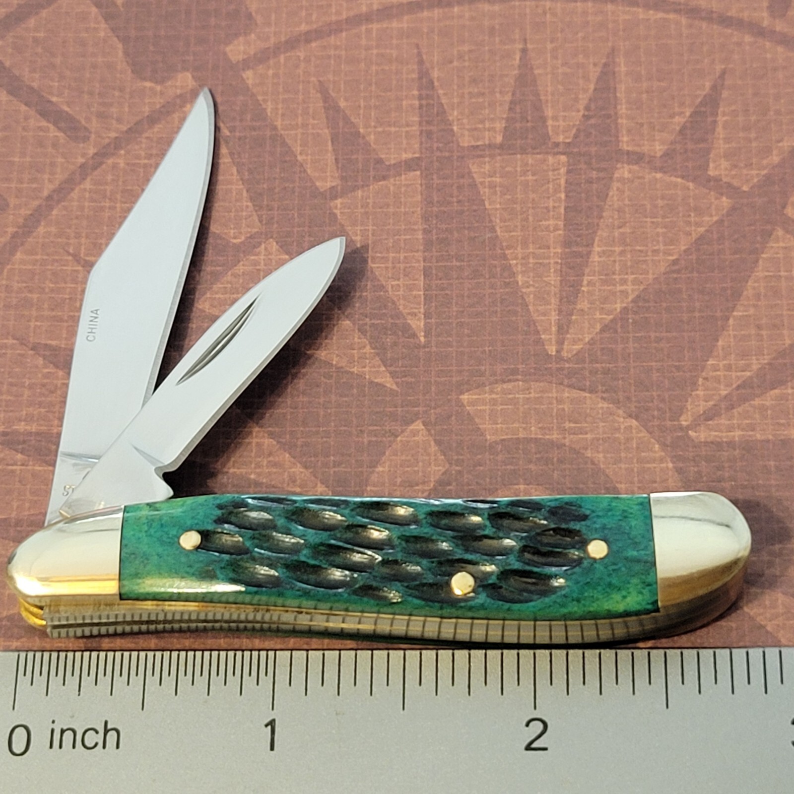 STEEL WARRIOR Knife 2 Blade Peanut JADE Jigged BONE Handles