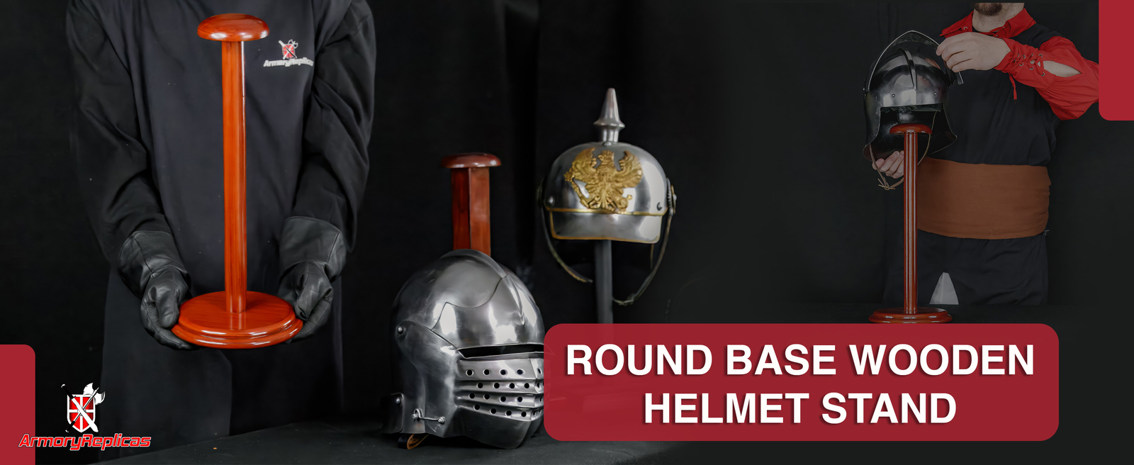 MANGO WOOD HELMET ARMOR STAND | HANDCRAFTED SQUARE BASE POLISHED WOOD DISPLAY