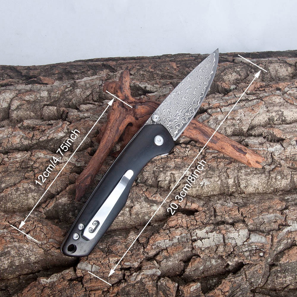 Folding Knife, Damascus Steel Blade, Wooden Handle, Camping Outdoor Pocket Knife