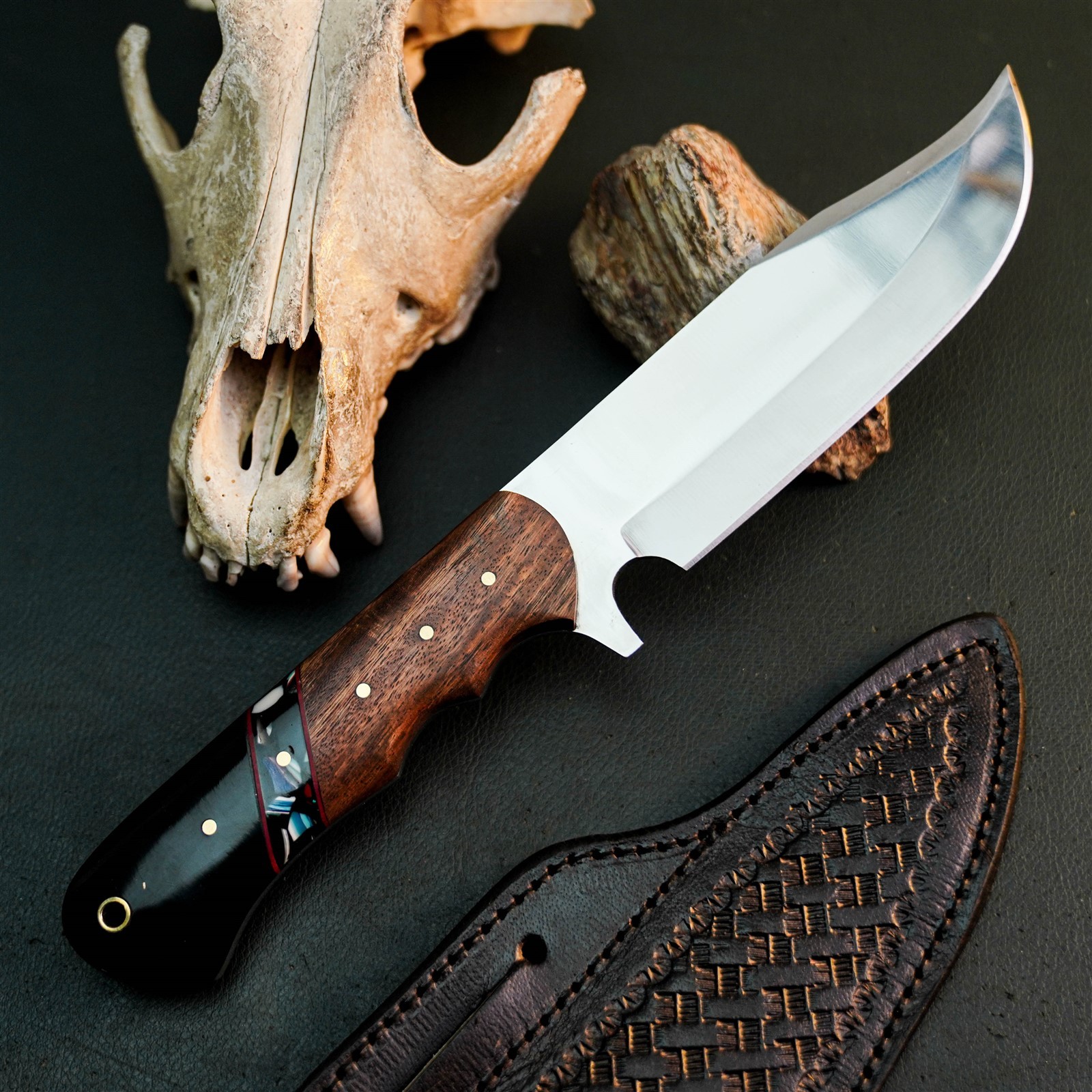 9.6″ Hunting EDC Stainless Knife Handmade Full Tang Wood Handle + Sheath