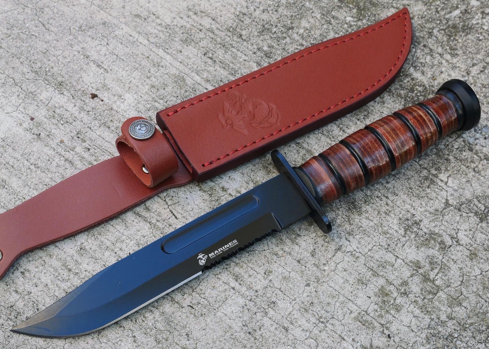 12” USMC Licensed Marines Military KBAR Knife With Leather Handle And Sheath