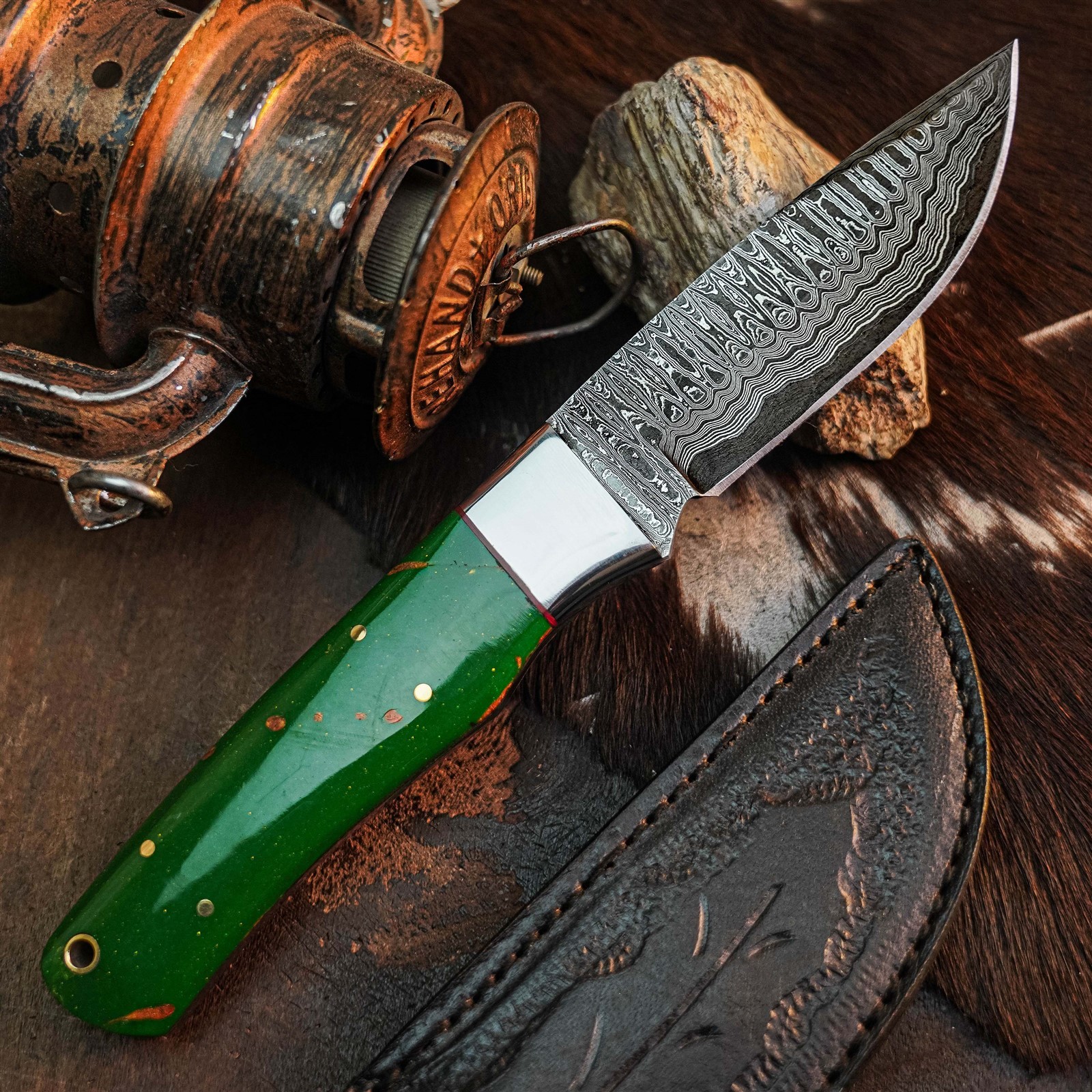 9.0″ Camping Bushcraft Damascus Knife Handmade Full Tang Resin Handle +Sheath