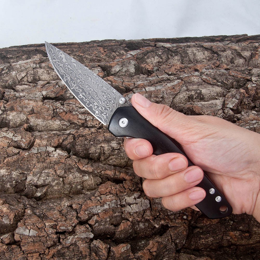 Folding Knife, Damascus Steel Blade, Wooden Handle, Camping Outdoor Pocket Knife