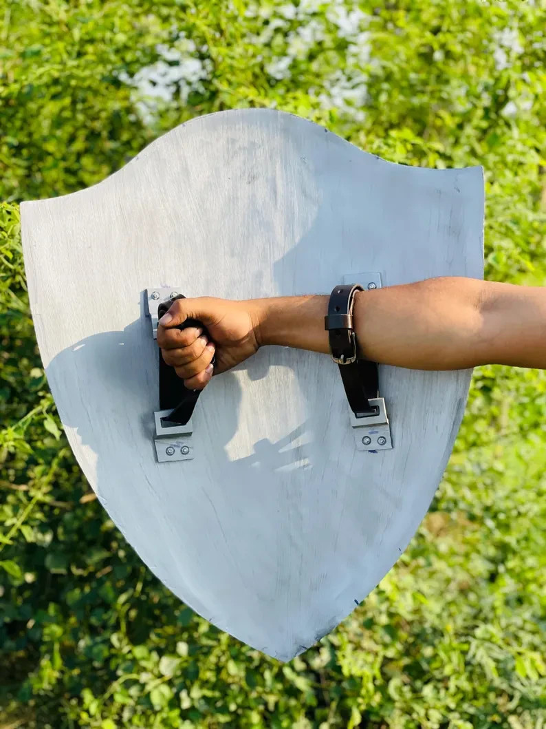 Captain America Shield: Battle Damaged Aluminum, Leather Straps – 19.5×25 Inch