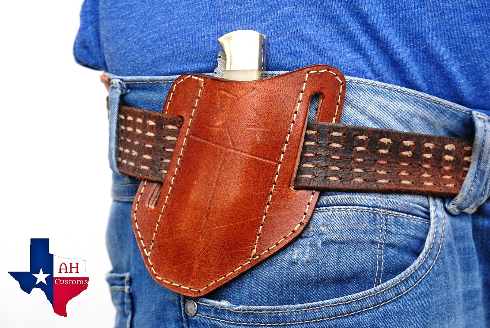 Brown LEATHER ENGRAVED PANCAKE Folding Blade Knife Belt Sheath Folding Tool Case
