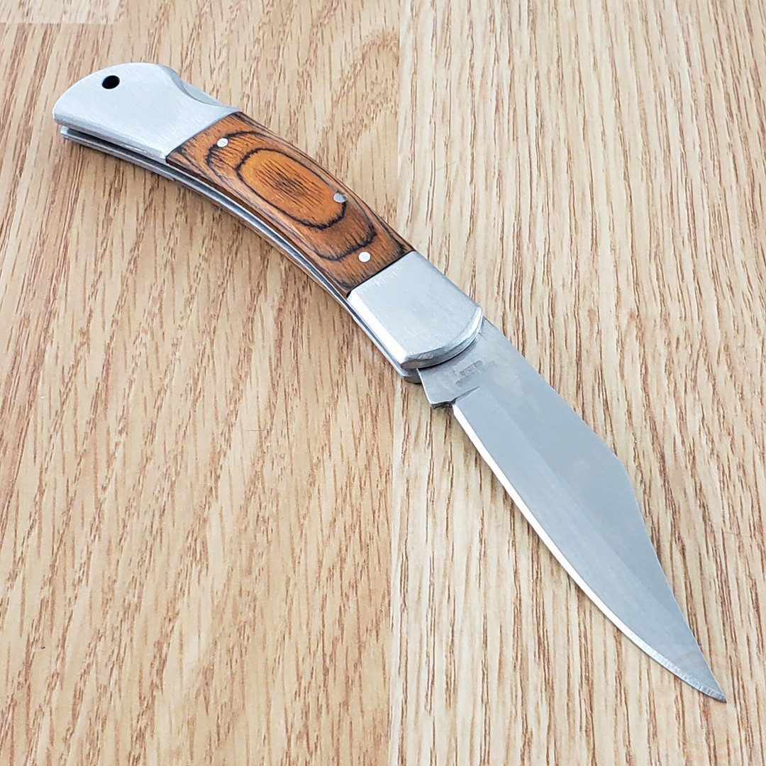 Lockback Folding Knife Stainless Steel Clip Point Blade Brown Pakkawood Handle