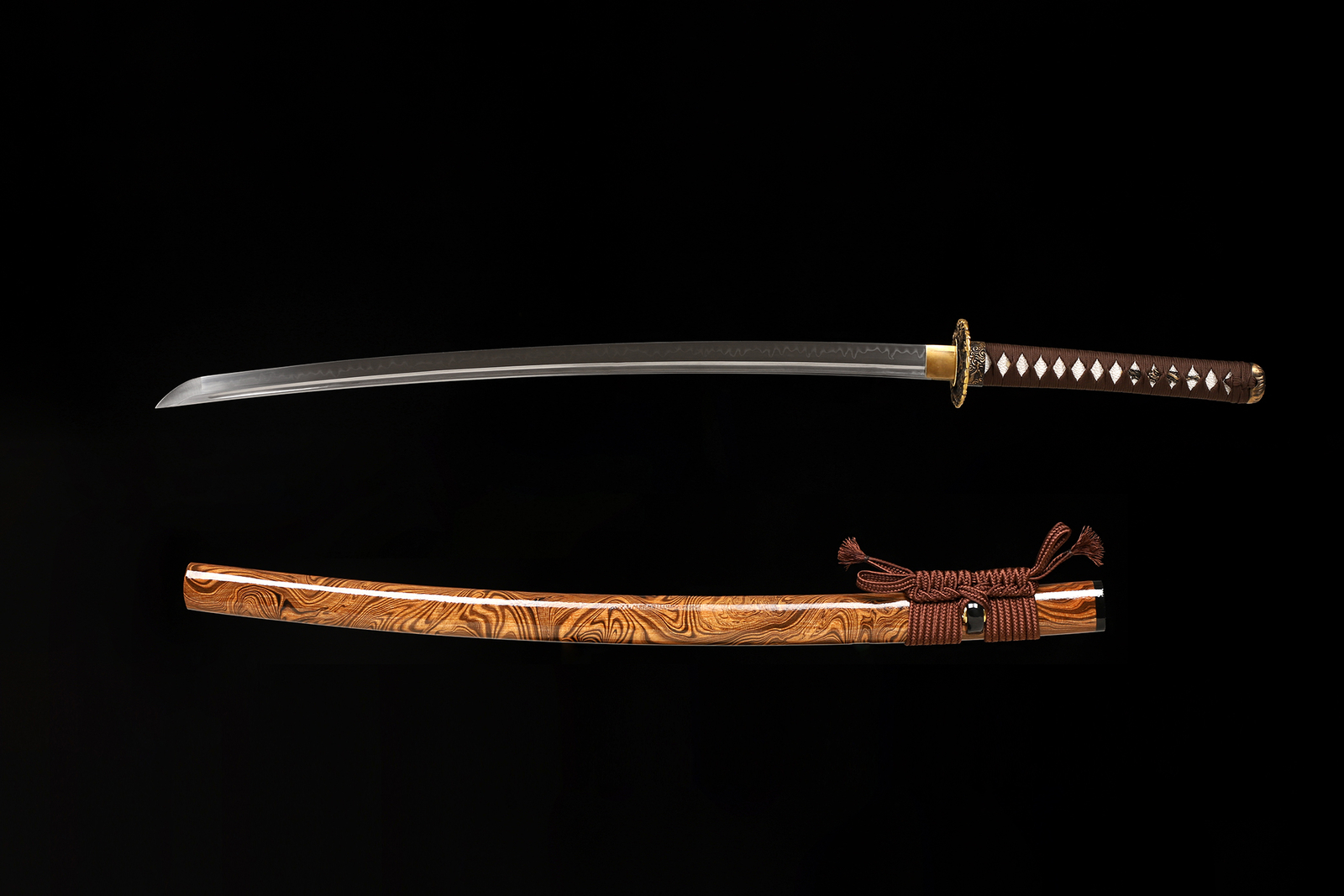 US SHIP Katana Sword Real Hamon Clay Tempered T10 Steel Razor Sharp Brass Tsuba