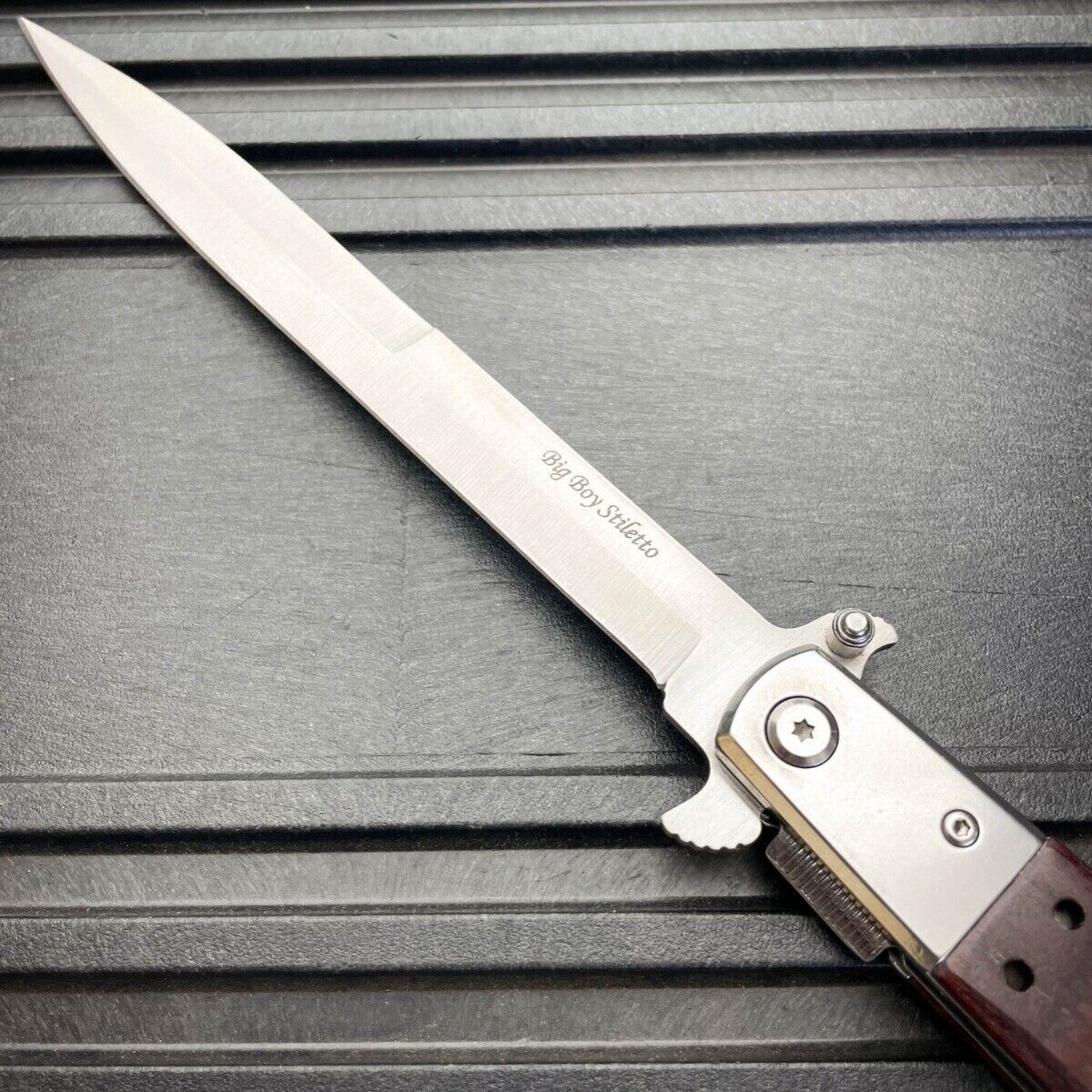 13″ Classic Extra Large Brown Wood Spring Assisted Open STILETTO Pocket Knife