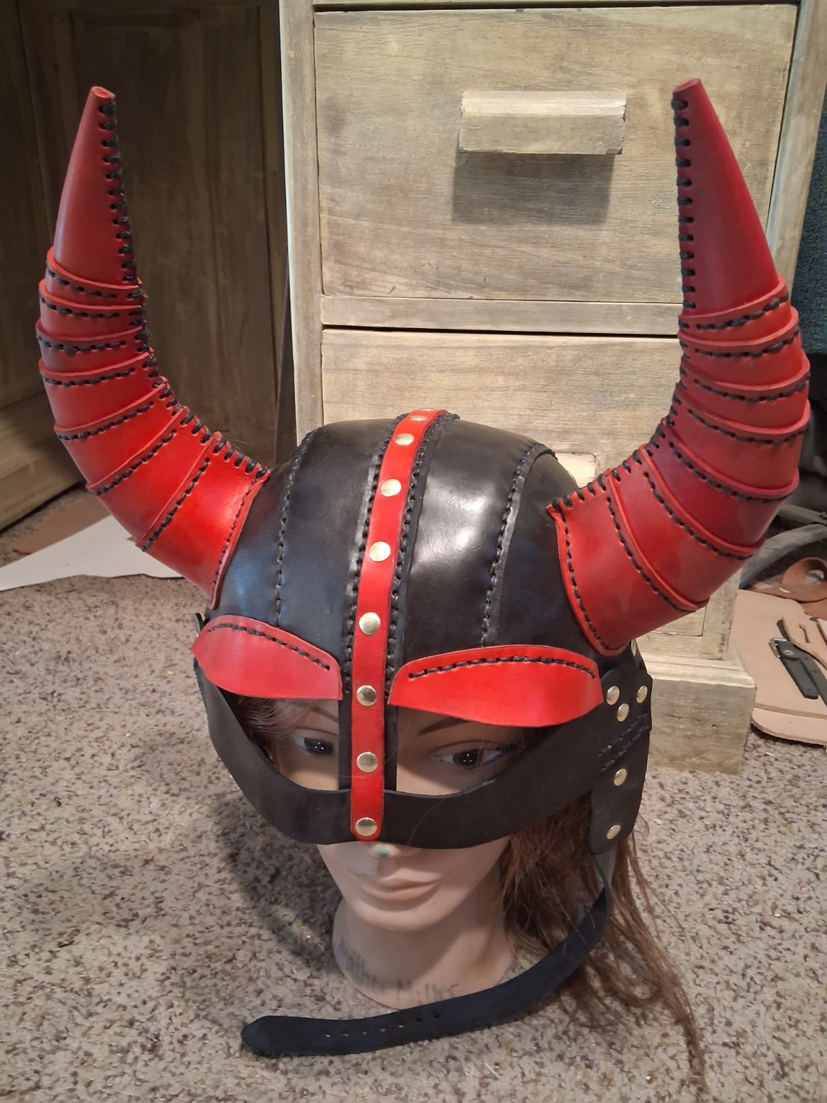 Black Leather Viking Helmet With Horns
