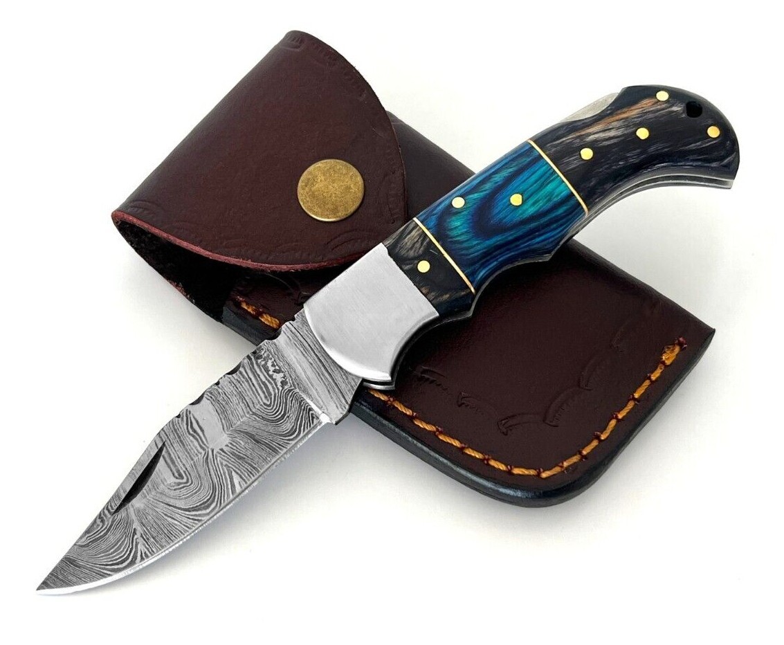 Damascus Folding Pocket Knife With Small Defects Handmade (See Description)