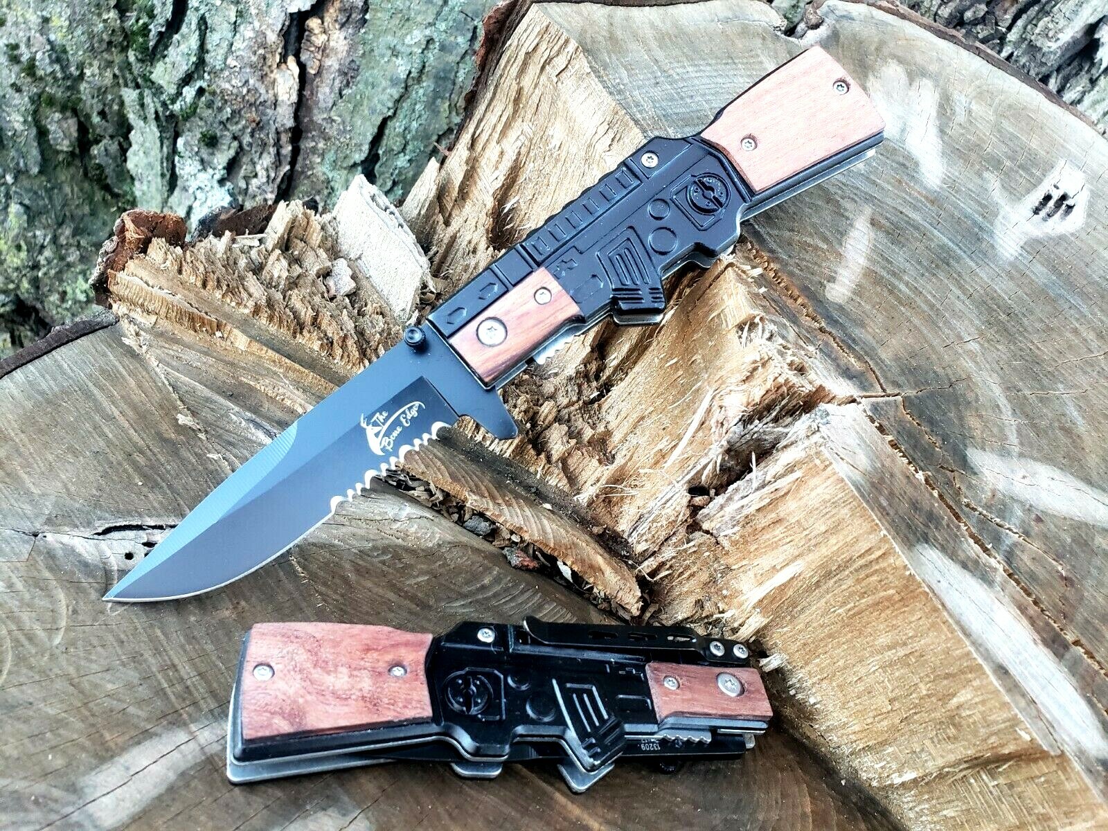 Machine Gun Serrated Pocket Knife Thumb Stud Legal EDC Navy Marines US Seller👀